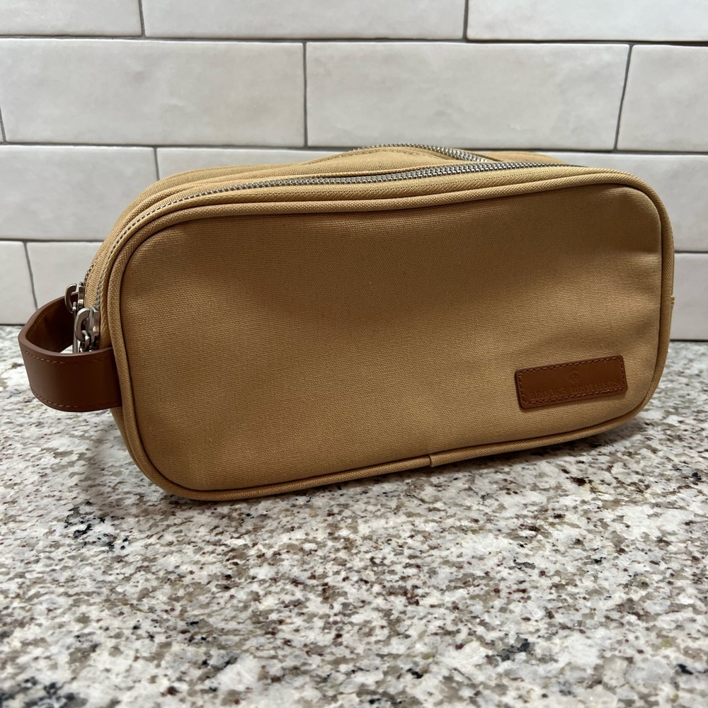 NEW BROOKS BROTHERS Vtg Canvas Leather Zip Toiletry Travel Dopp Bag Tan Brown